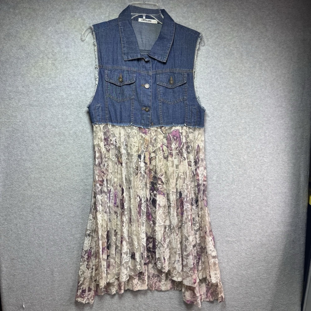 ORIGAMI Denim Vest Lace Duster Dress S/M Boho Fairy Hippie Festival Floral Open
